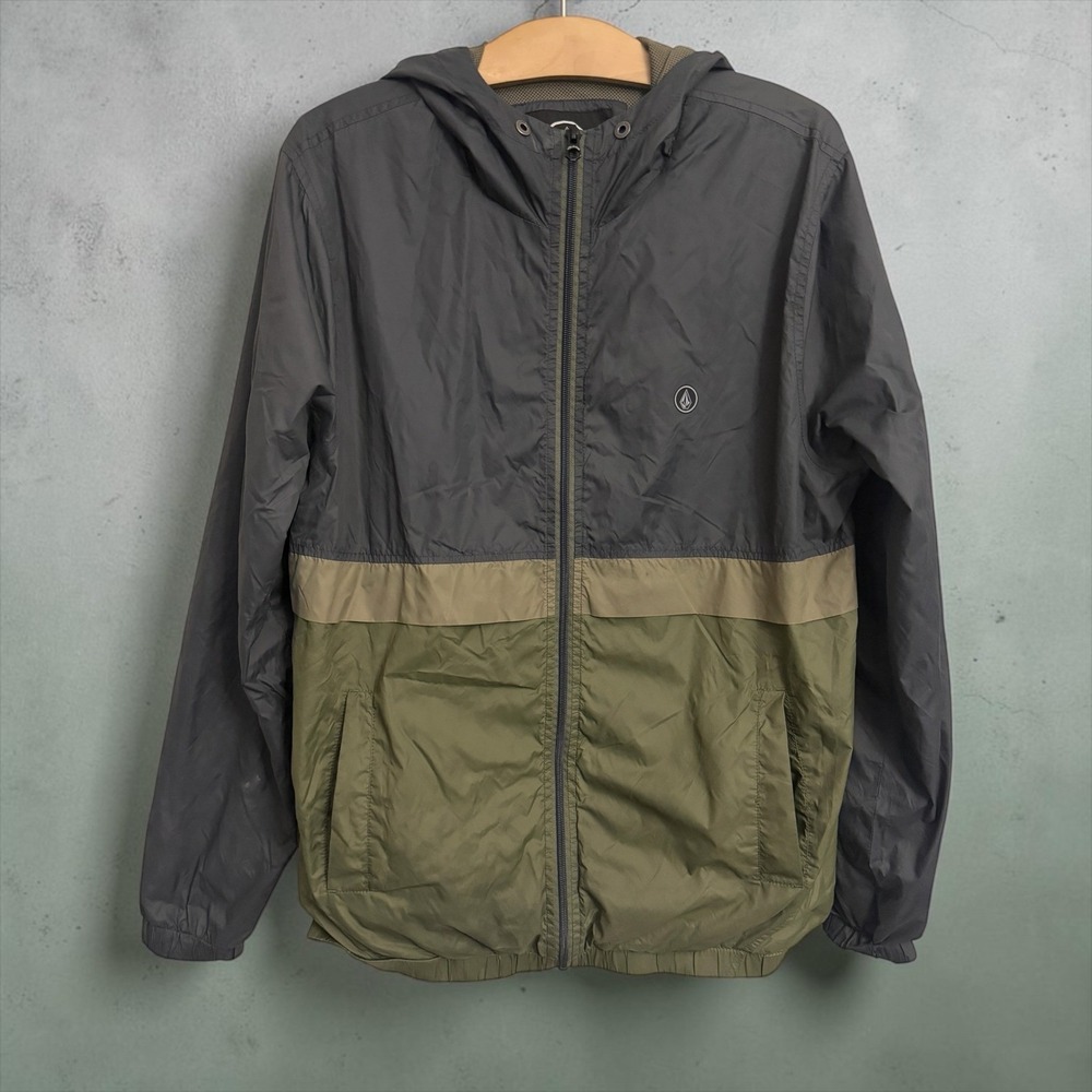 Volcom Mens Colorblock Hooded Windbreaker Jacket Grey Green Water Resistant M